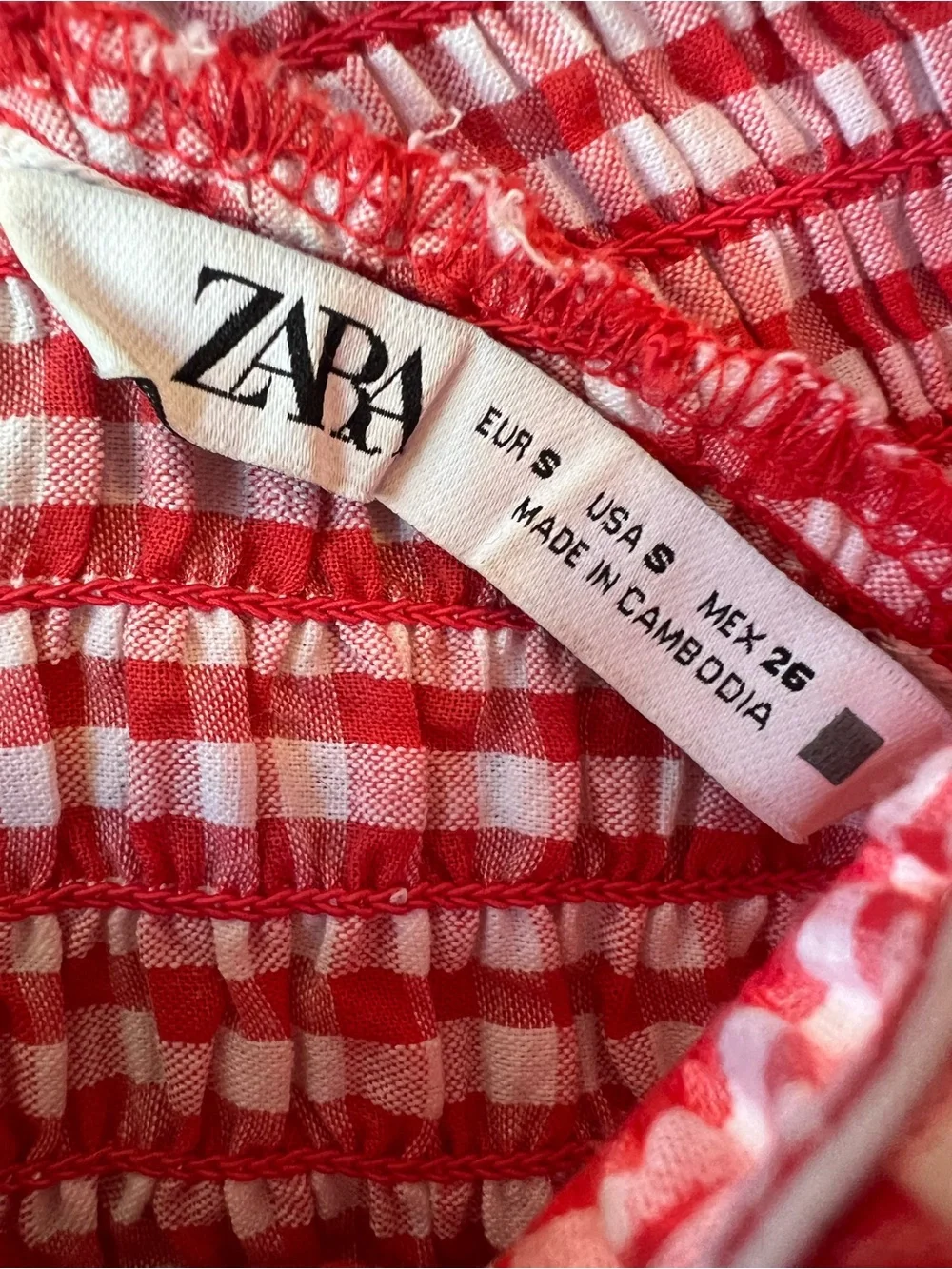 Zara red and white smocked gingham crop top